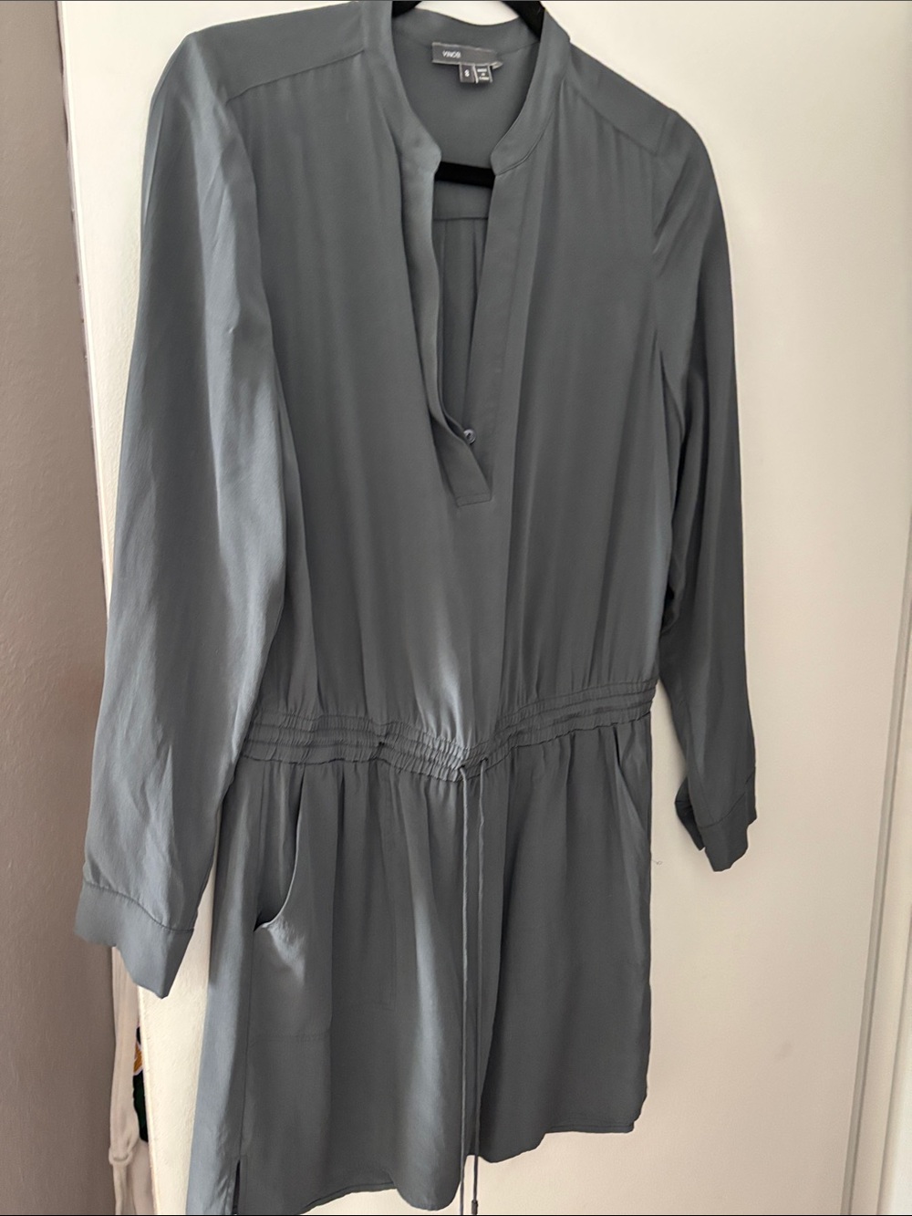Vince Slate Gray Long Sleeve 100% silk Drawstring Waist dress